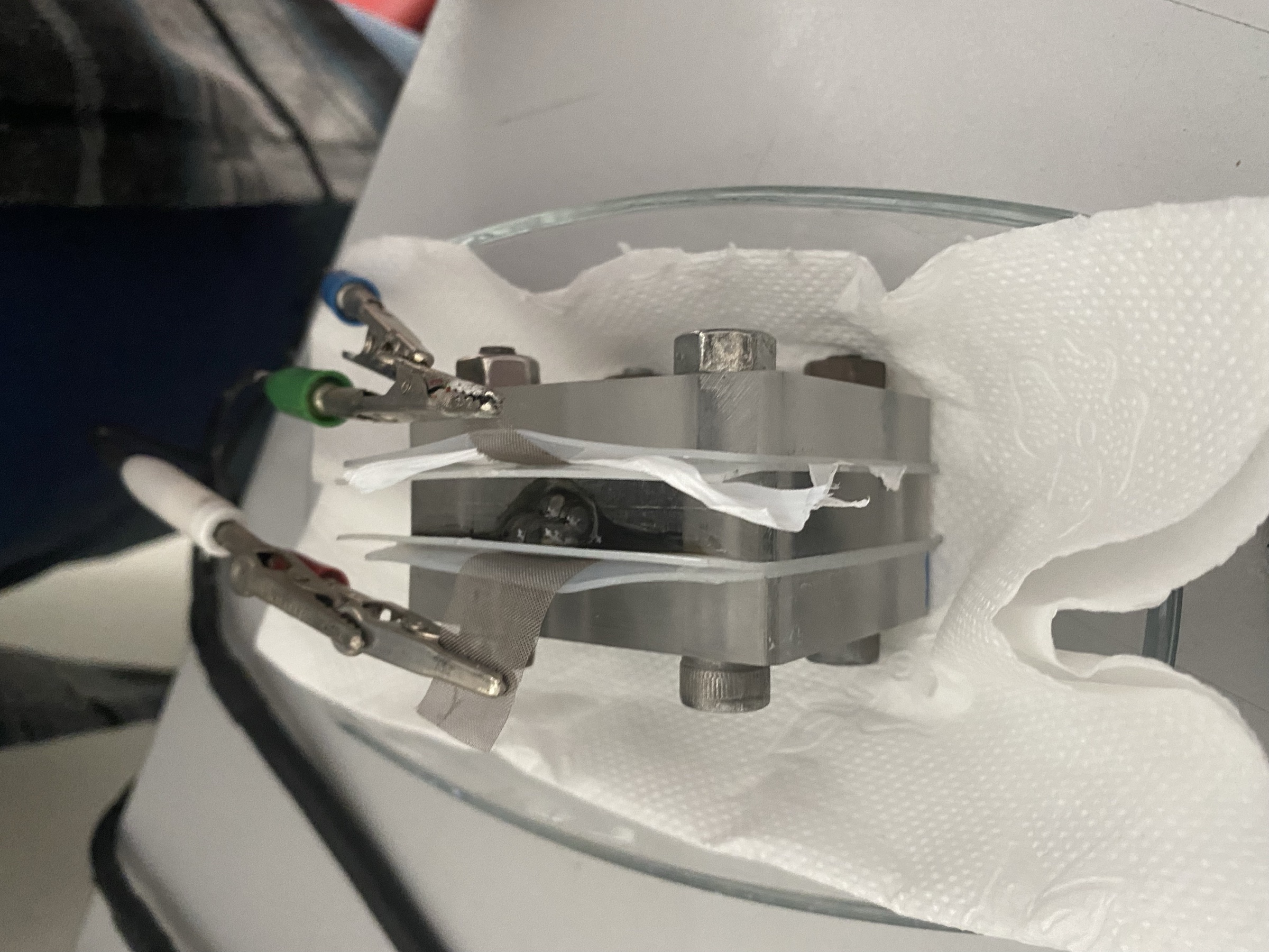 The electrochemical cell fully assembled. Does not look too exciting but designing the anode was a fun one.