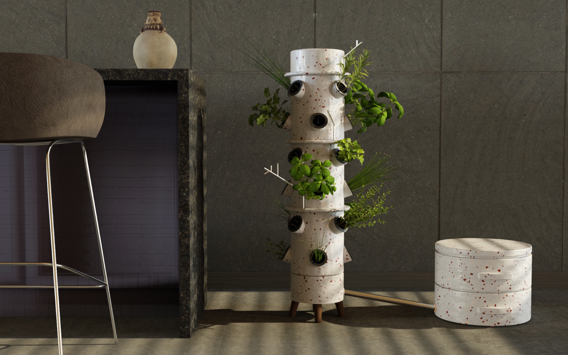 The integrated worm compost and hydroponic tower concept.